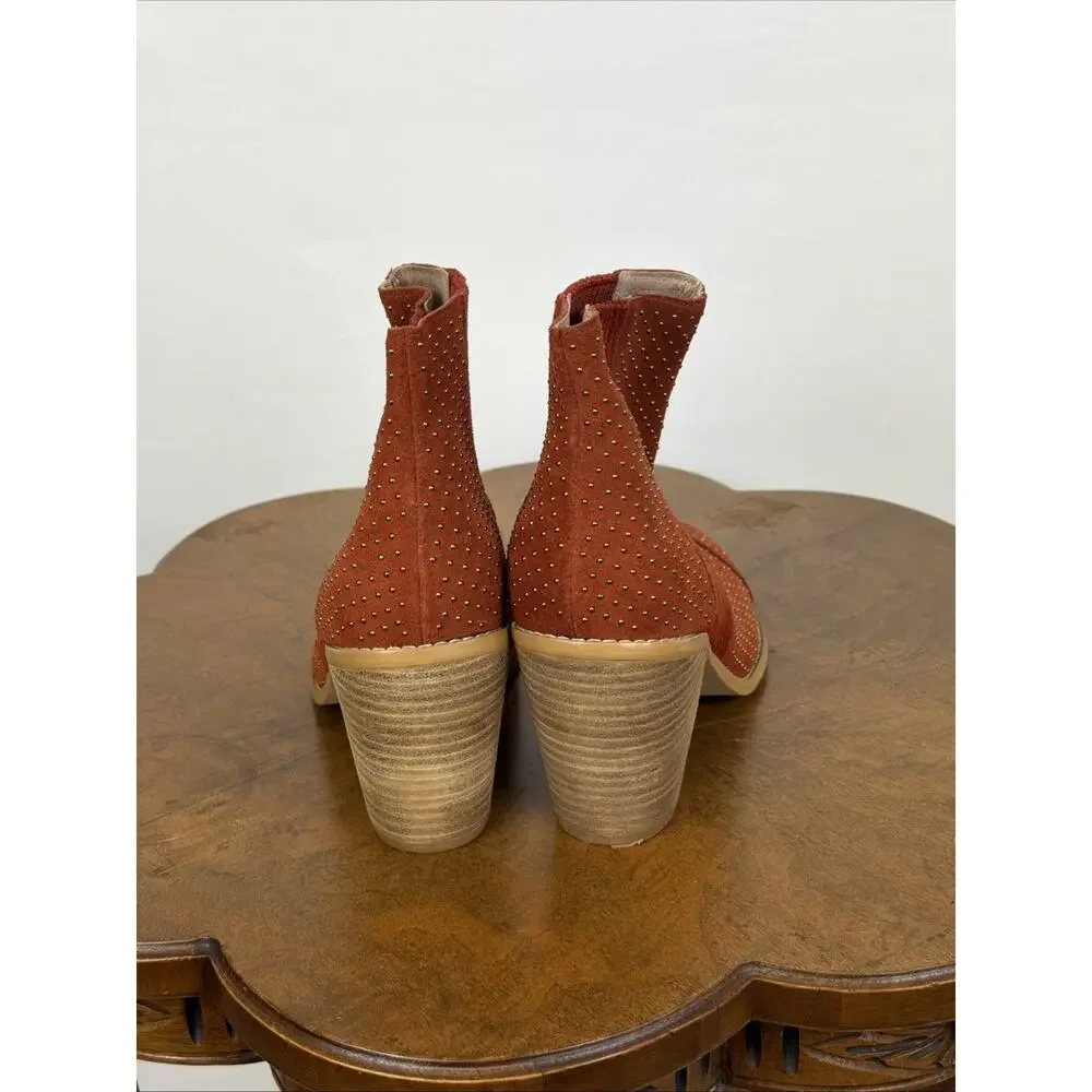 Anthropologie Terracotta Suede Ankle Boots Gold Studs Stacked Heel 8.5 Boho Rust - Picture 5 of 7